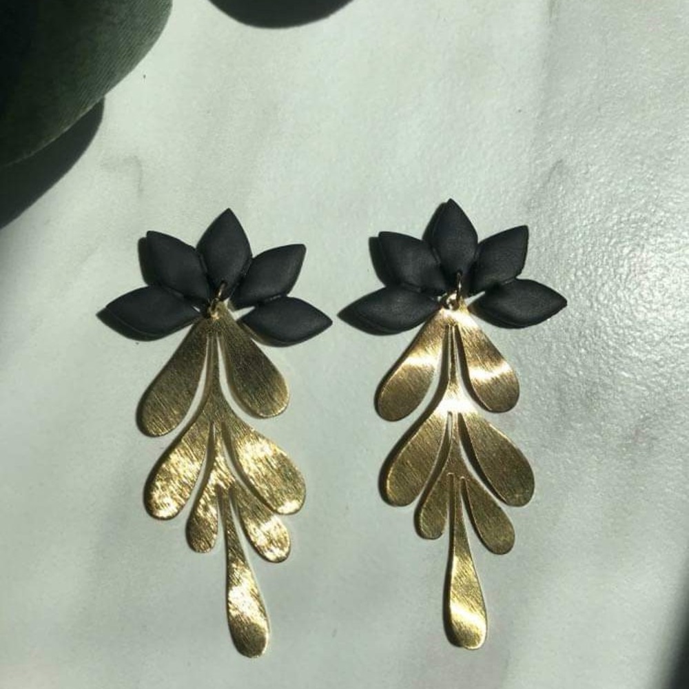 Elegant Black and Gold Floral Drop Earrings